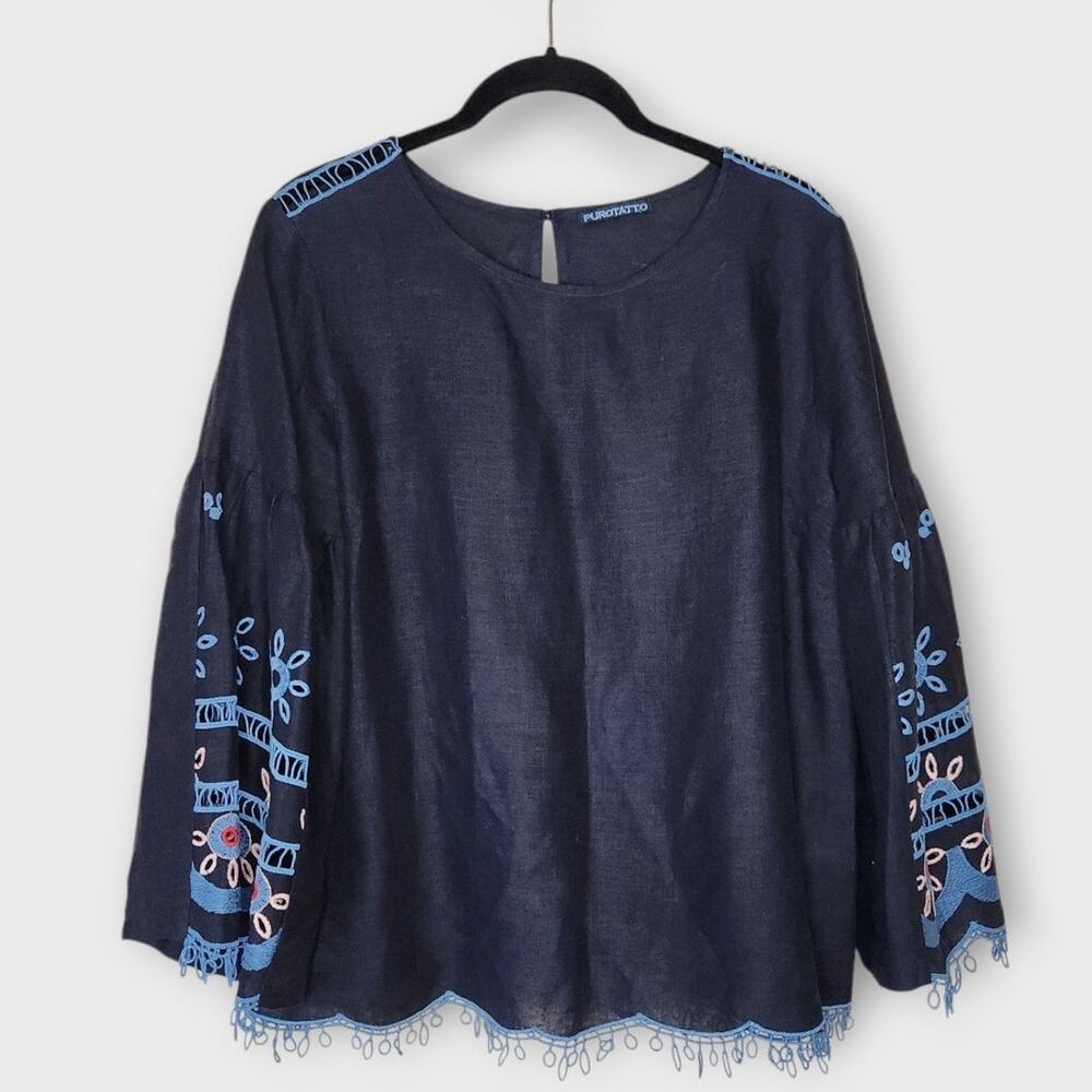 Purotatto Blue 100% Linen Embroidered Cutwork Bell Sleeve Blouse Womens Med